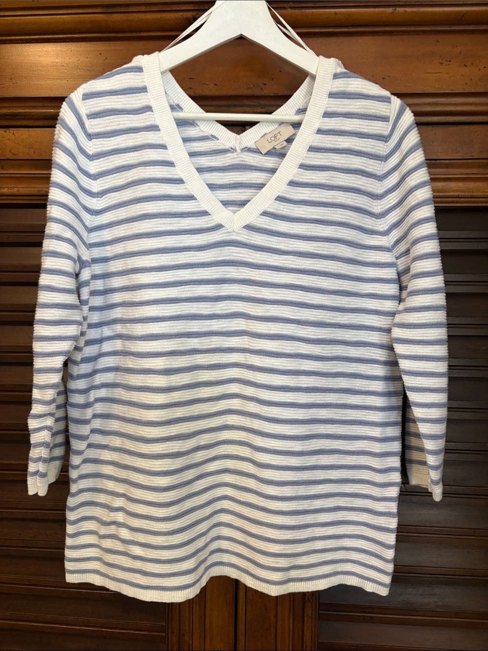 LOFT White and Light Blue Striped V-Neck Summer Sweater 3/4 sleeve
